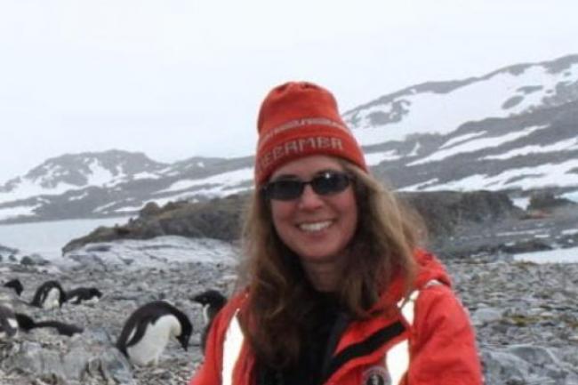 Suzanne Strom stands in a mountainous area, with penguins and snow visible behind her