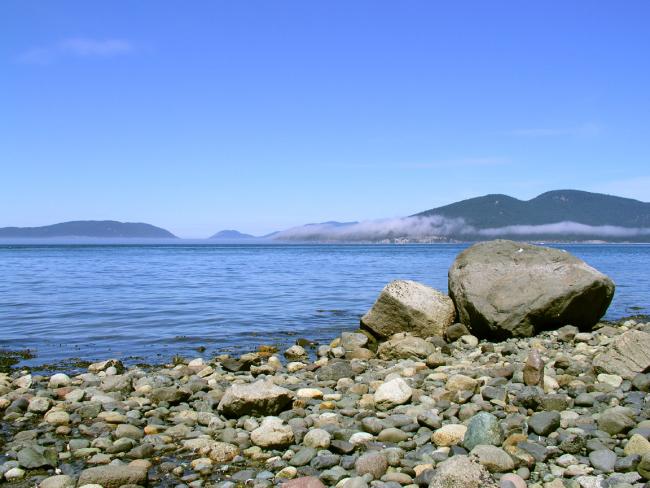 A rocky beach on the Salish Sea, with fog and mountains visible on the other side of the water.
